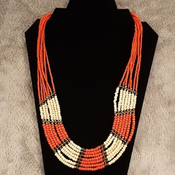 Beaded Ivory and Orange Necklace - Picture 1 of 5